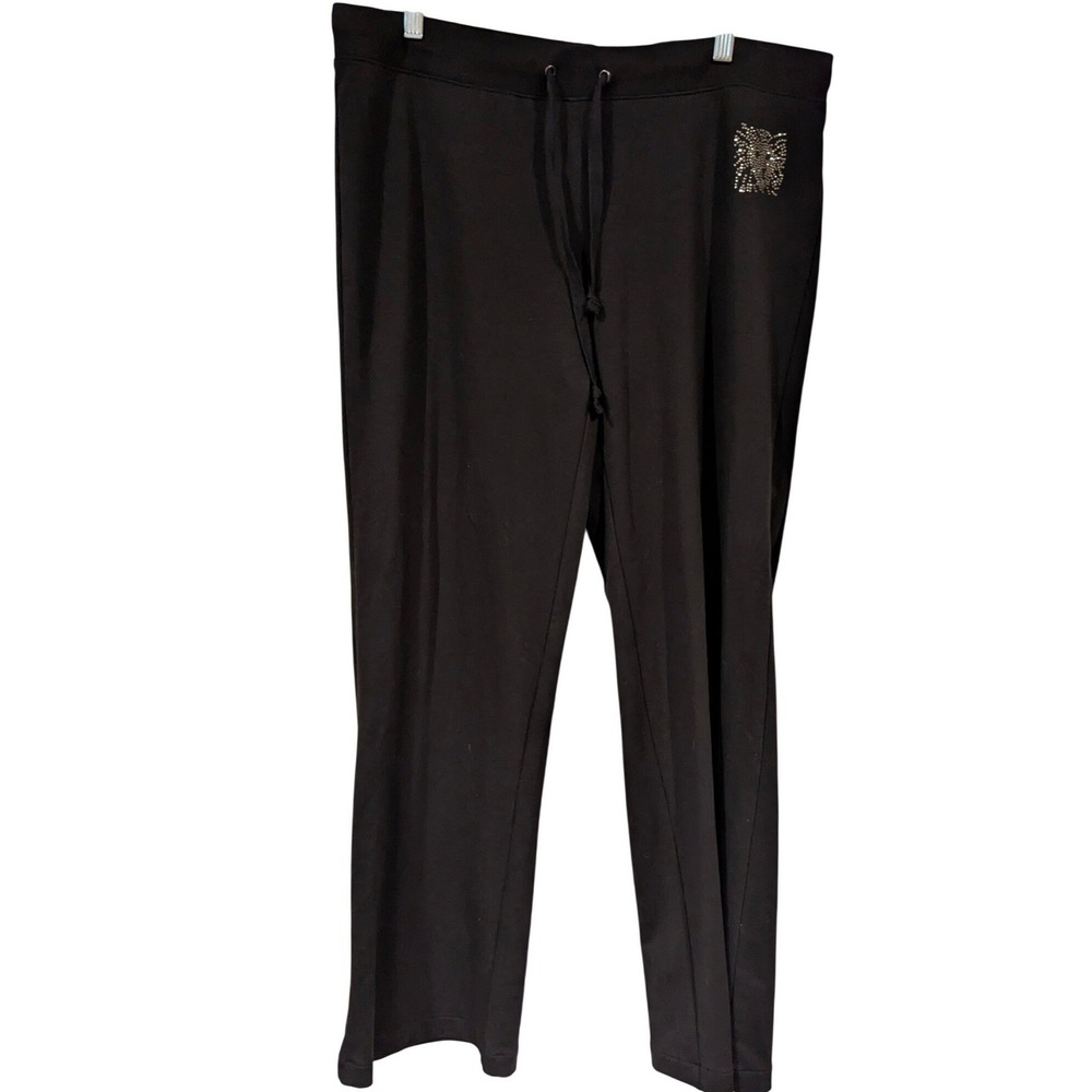 Anne Klein Jeans Sweatpants Large Black Rhinestone Lion Bling Wide Leg Lounge